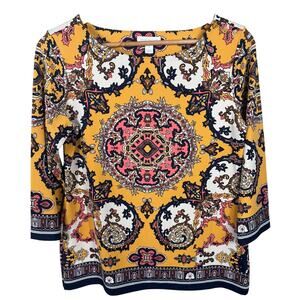 Charter Club Womens Size Small Yellow Traditional Paisley Aztec Tunic Blouse Top